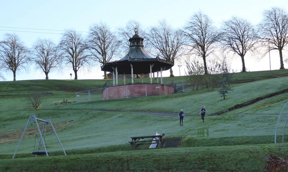 The bandstand in Alexander Hamilton Memorial Park from below.